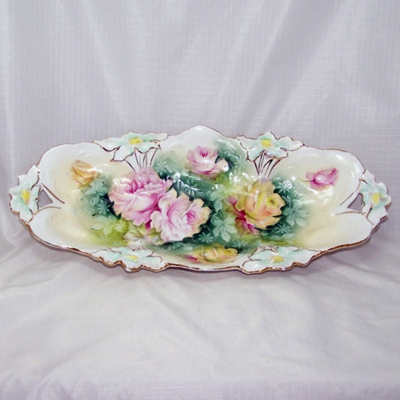 R S Prussia Roses Molded Handled Oblong Celery Bowl Serving Dish - Picture 1 of 6